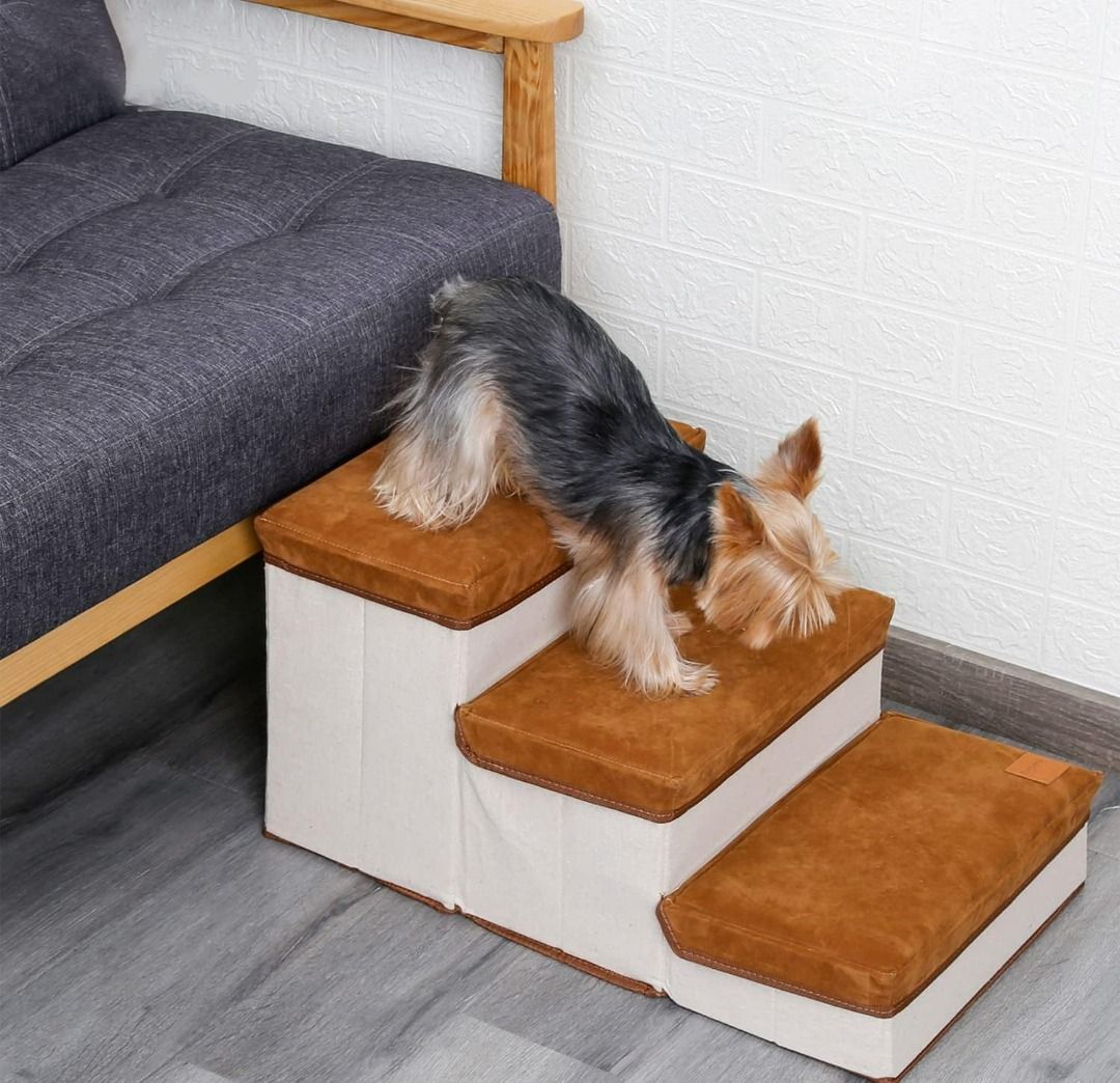 Dog Stairs 3 Steps for Small Dogs Cats Grey, Dog Steps Pet Ramp Ladder for Sofa Bed Non-Slip