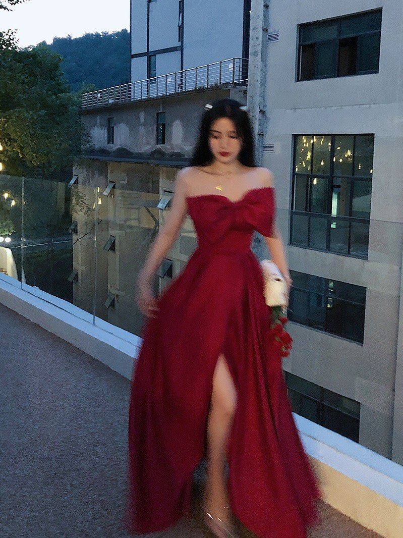 Red evening gown with slit best sale