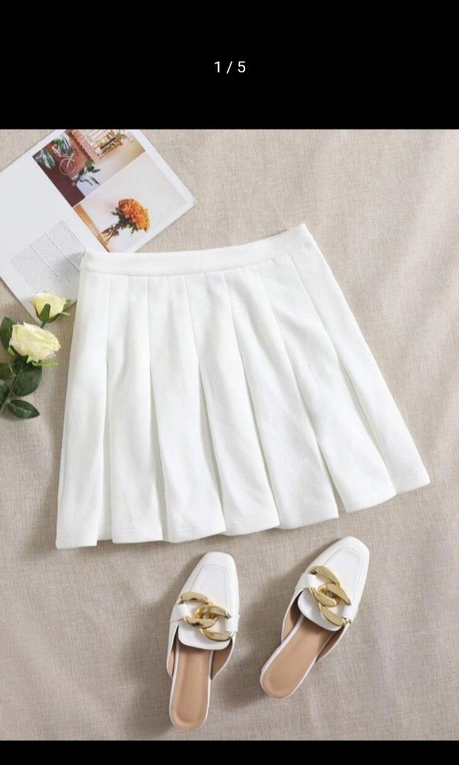 SHEIN AESTHETIC WHITE PLAIN SOLID PLEATED HEM TENNIS SKIRT