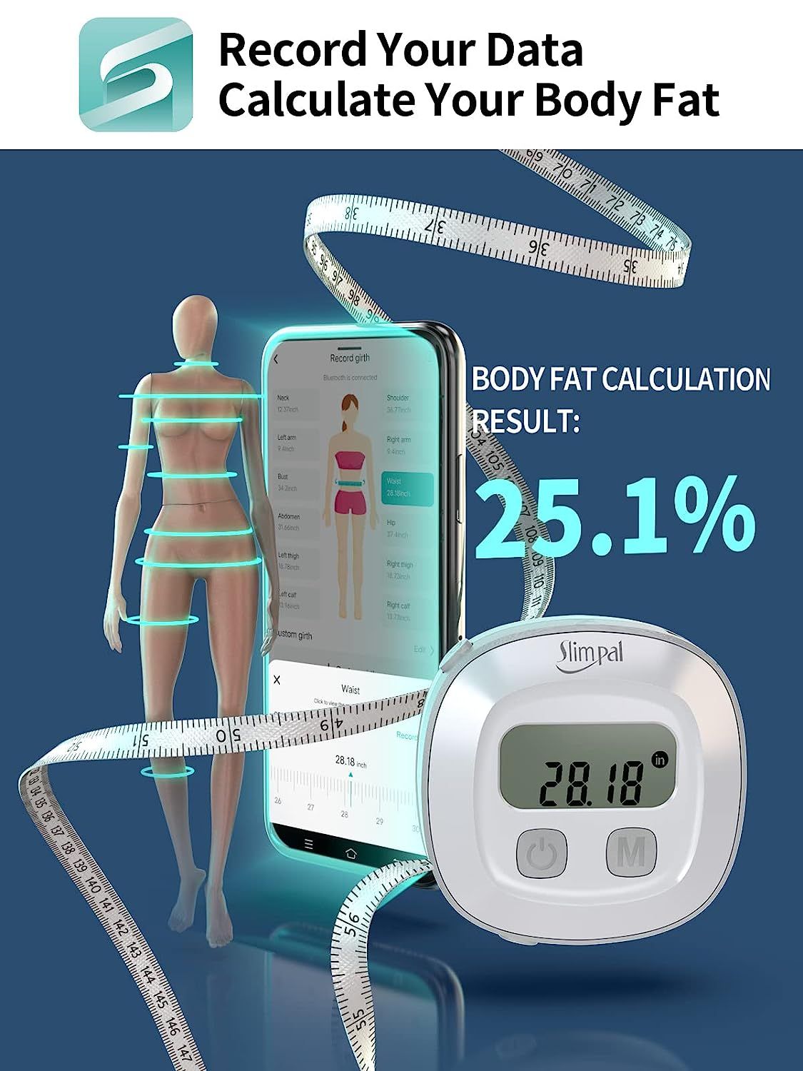 Slimpal Body Fat Tape Measure, Bluetooth Digital Smart Body Tape Measure  with LED Display, Retractable Measuring Tape for Fitness, Bodybuilding