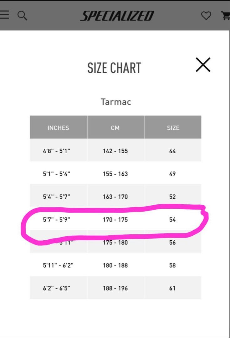 Specialized tarmac on sale size guide