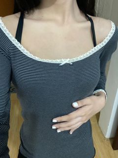 striped coquette ribboned longsleeve laced aesthetic top