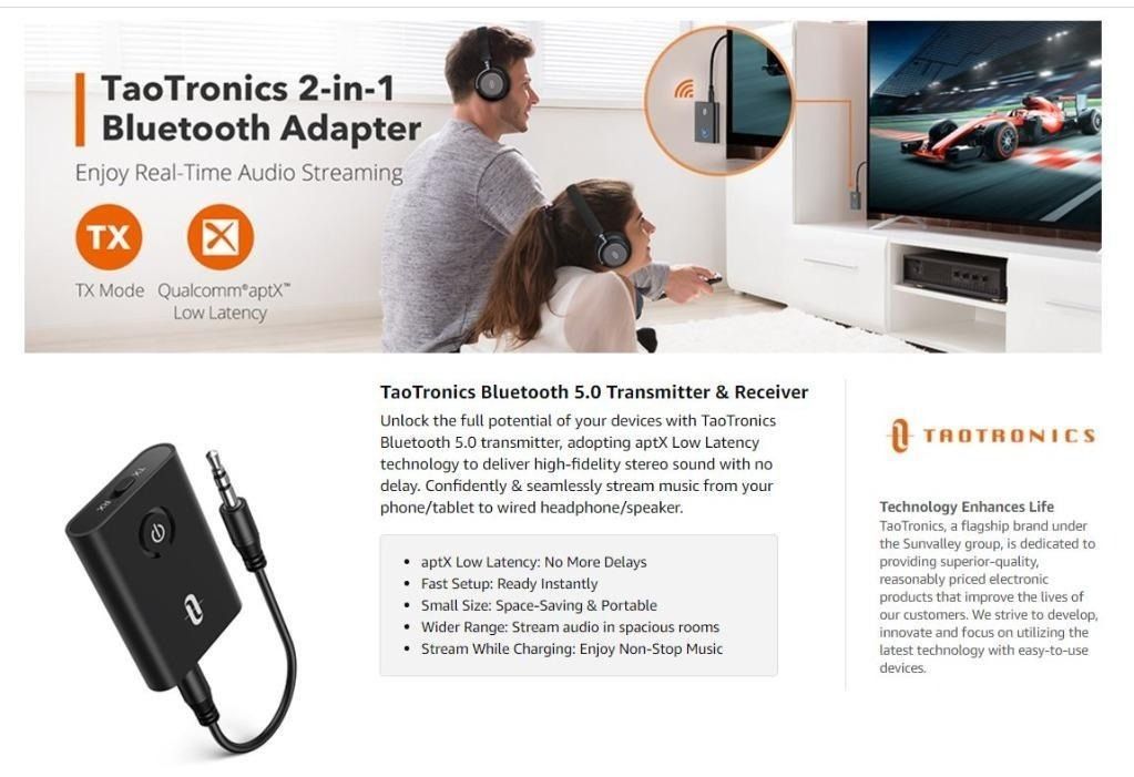 Bluetooth Transmitter Receiver, TaoTronics 2-in-1 Wireless 3.5mm AUX Audio  Adapter for TV/Car/PC/Headphones
