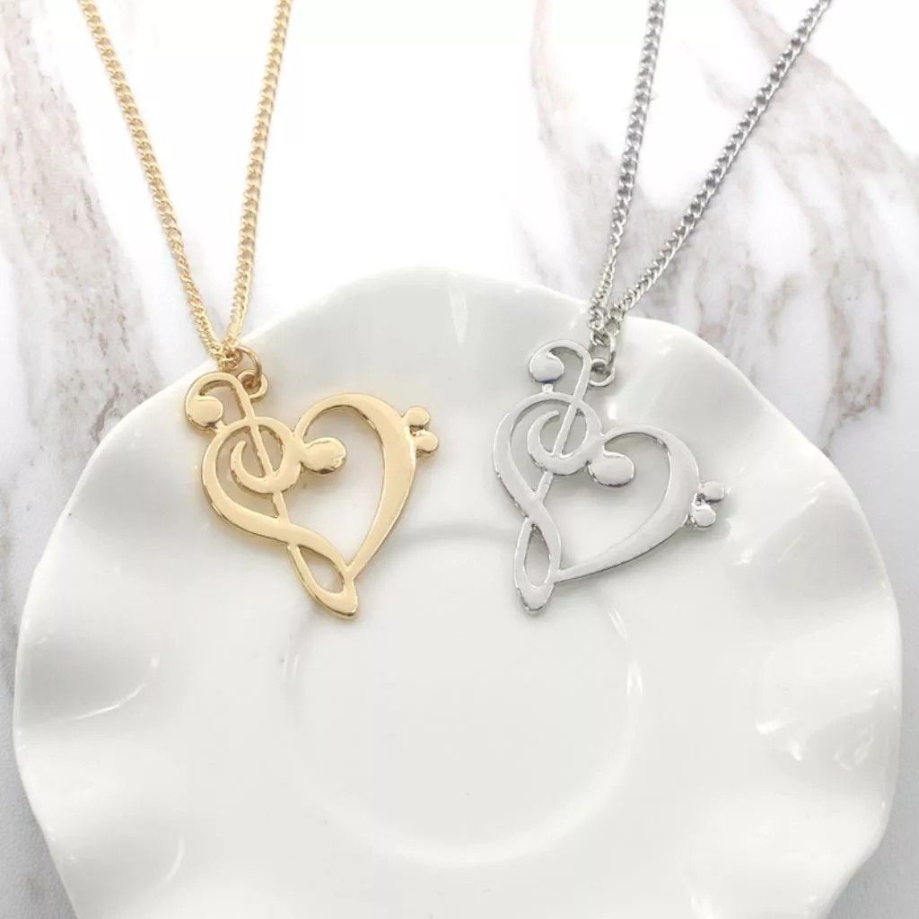 JewelryWe Music Note Necklace - Stainless Steel Treble Clef Pendant With Rhinestones, 18" Chain