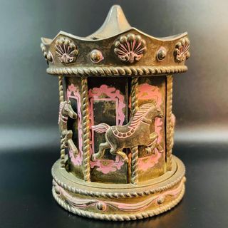 VINTAGE ROTATING CAROUSEL HORSE HEAVY PINK IRON PEWTER COINBANK