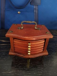 Vintage Set of 5 Coasters Wood Cork Holder Cabinet Drawer