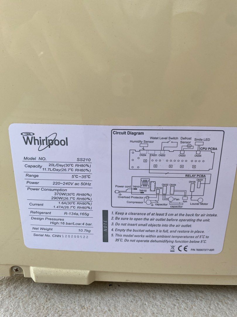 Whirlpool dehumidifier, TV & Home Appliances, Air Purifiers