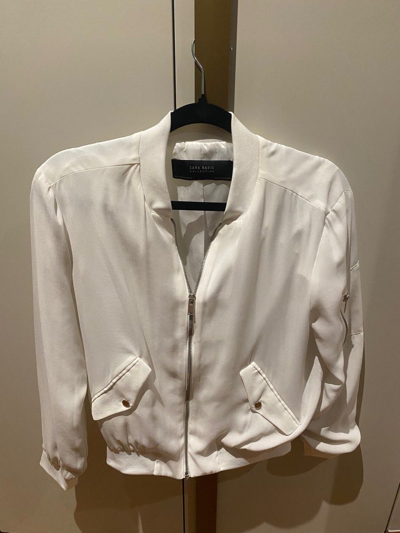 Women's White Hooded Bomber Jacket with Piping Detail