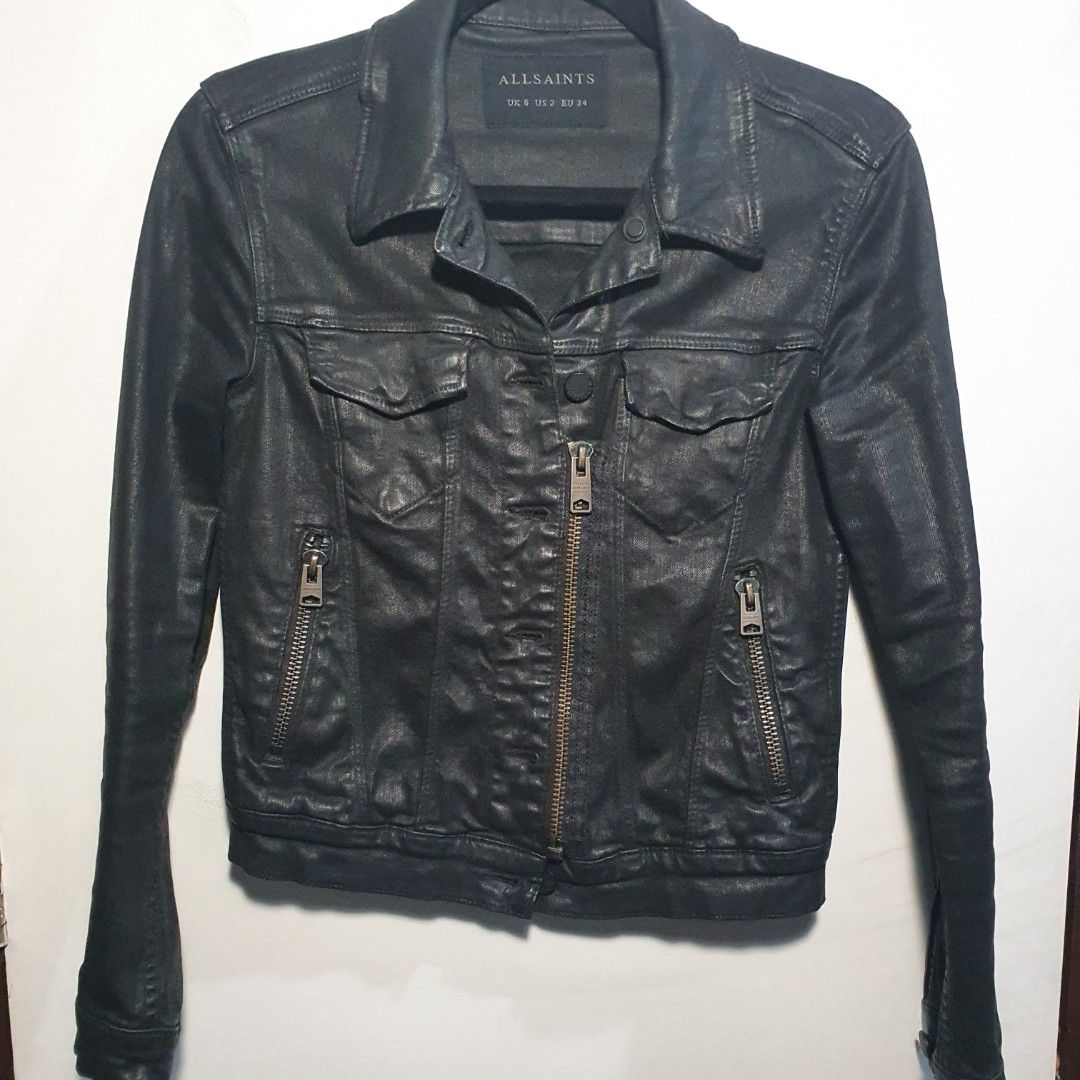 AllSaints Wax Coated Denim Biker Jacket, Women's Fashion, Coats