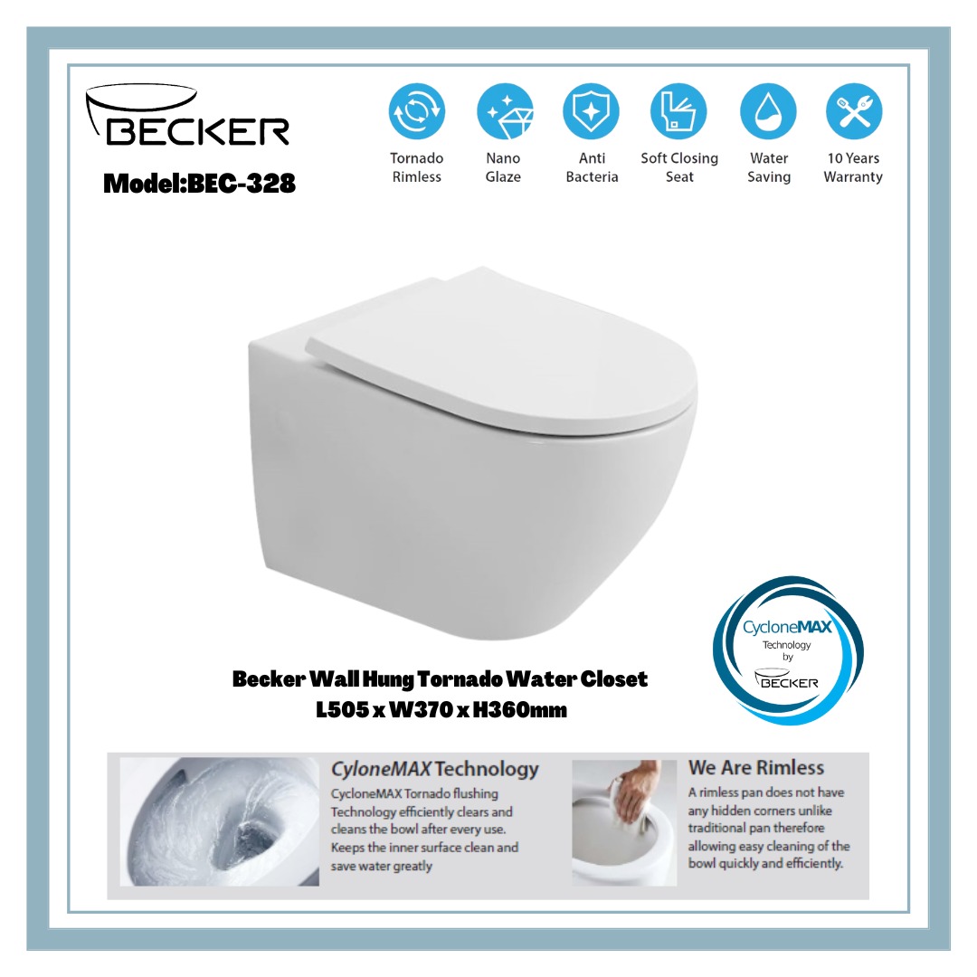 Becker Wall Hung Toilet Bowl With CycloneMAX Double Vortex Tornado