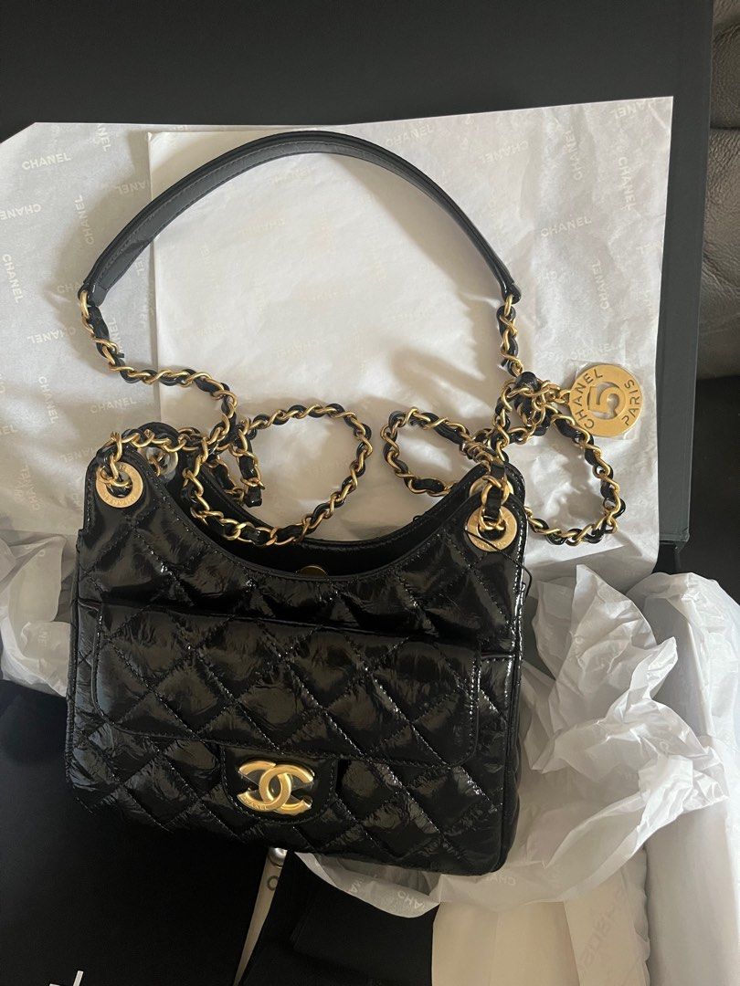 Chanel 23C Shiny Crumpled Calfskin Small Hobo Bag with Antique Gold  Hardware. 