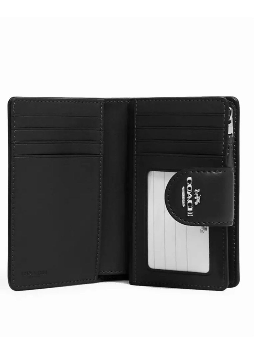 COACH Medium Corner Zip Wallet in Signature Coated Canvas Black, Luxury