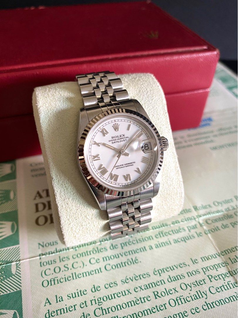Full set Rolex Oyster Perpetual 31mm boy size Midsize ivory white Roman dial 18k white gold bezel RSC serviced Datejust ref. 68274