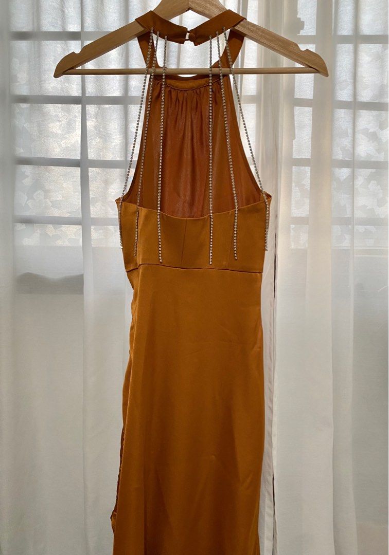 Gold High Slit Side Cinch with Intricate Straps Evening Dress