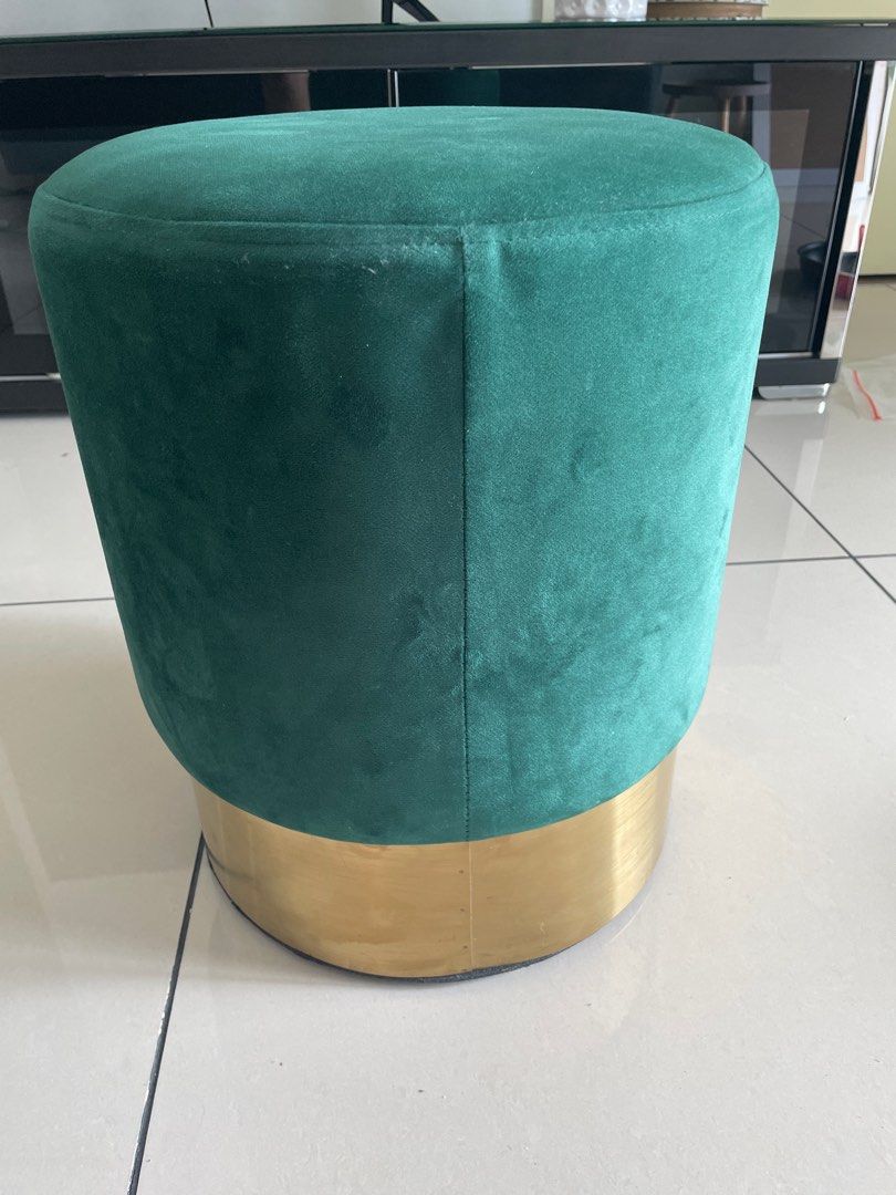 Green Velvet Pouf Ottoman with Gold Base & Matching Tray, Furniture