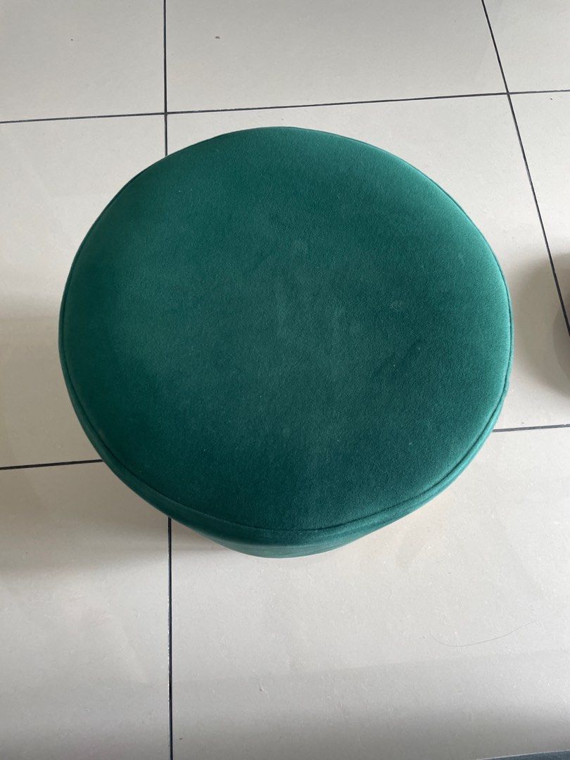 Green Velvet Pouf Ottoman with Gold Base & Matching Tray, Furniture