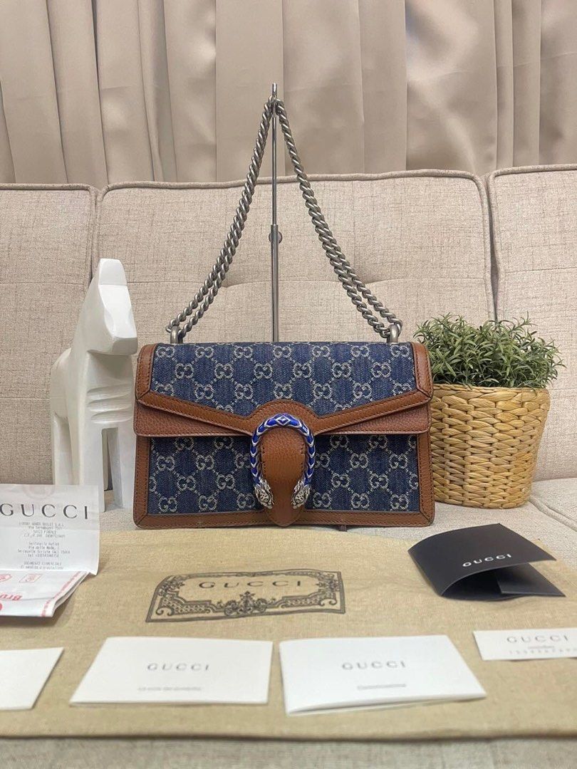 Gucci Dionysus Mini Leather and Organic Blue Denim-jacquard