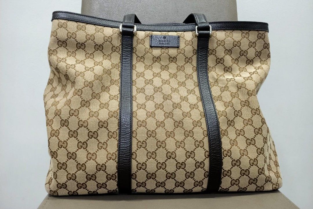 Gucci beige brown Original Canvas GG canvas brown Leather Large DONNA Tote w Strap Bag