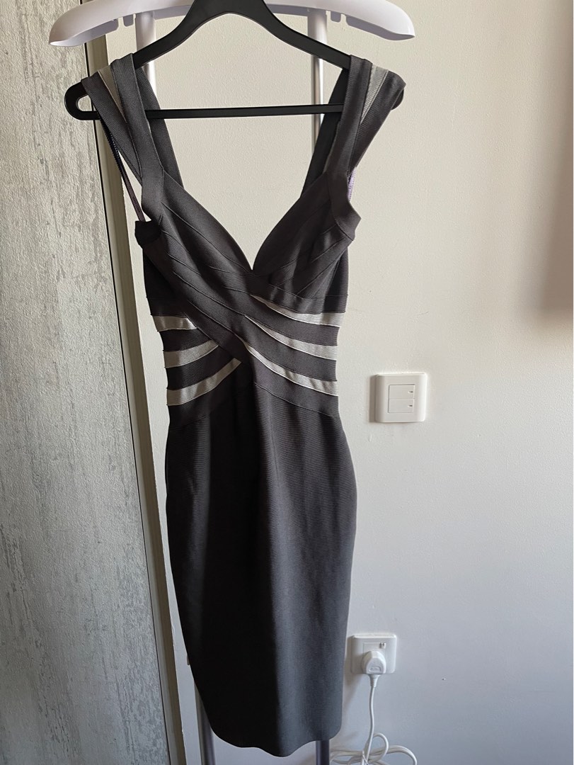 HERVE LEGER Gray on Gray Contrast Strap V neck Bandage Cocktail