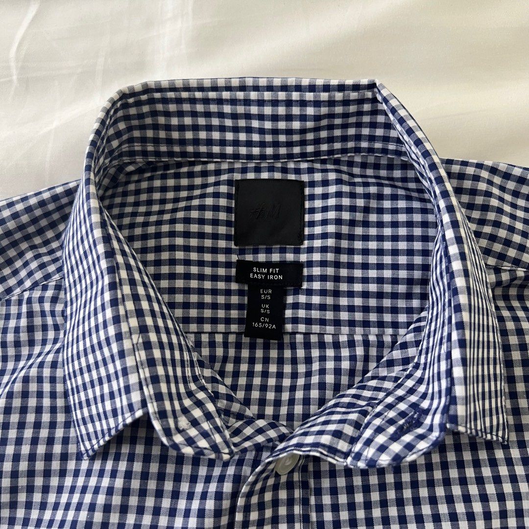 H M Dark Blue Slim Fit Easy Iron Checkered Shirt Size S Men s