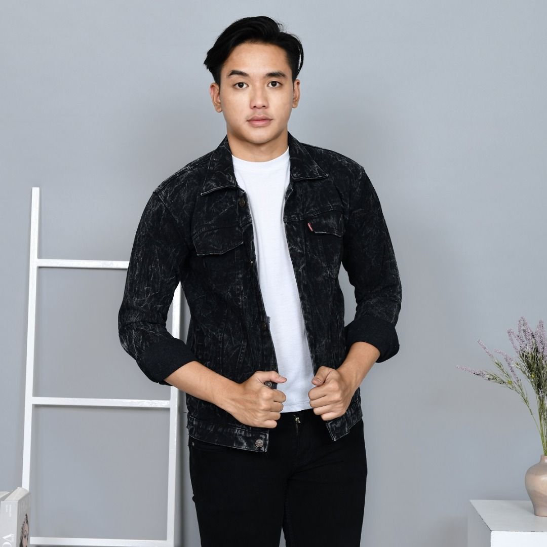 Jaket jeans denim pria motif sablon Blackwash Faith Hope Love