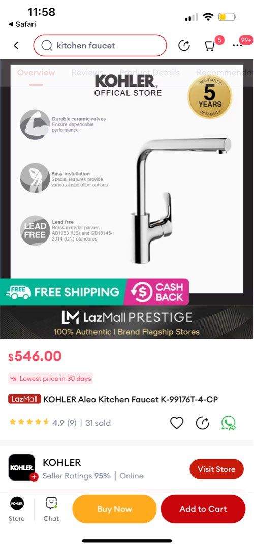 Kohler Kitchen Faucet K99176T4, Furniture & Home Living, Bathroom