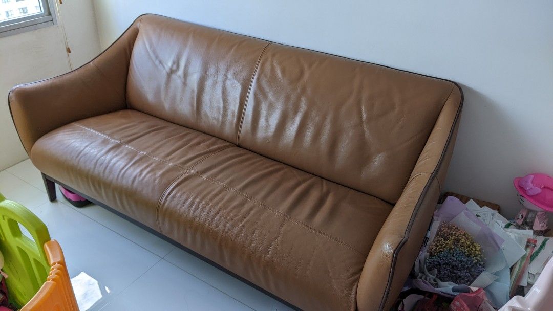 Picket and rail Kuka 3 seater leather sofa, Furniture & Home Living