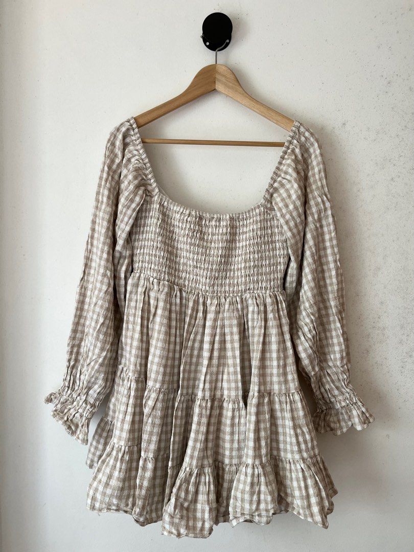 Mabel Gingham Long Sleeve Babydoll Dress in Beige
