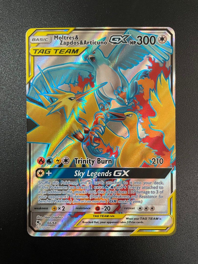 pokemon card moltres zapdos articuno rainbow rare Black Foil Rainbow Tag Team Moltres Zapdos Articuno GX Fan Art Card 69/68 NM/M