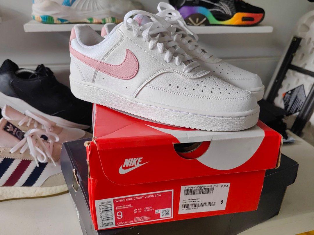 white and pink court vision trainers