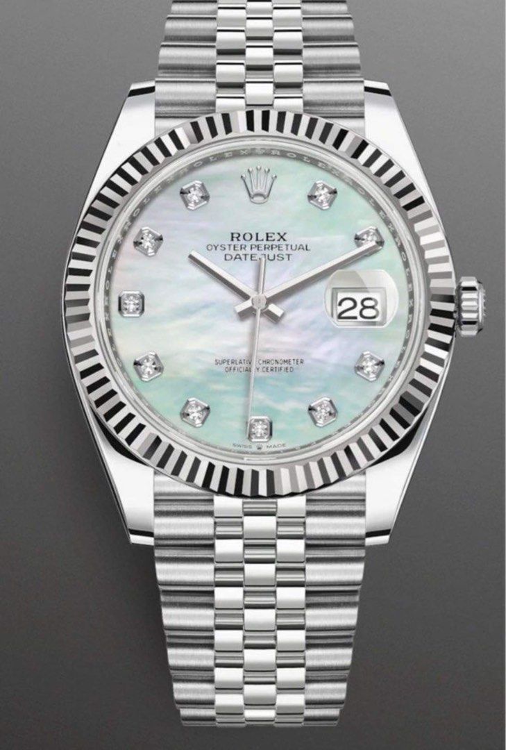 Rolex 2021 RARE Datejust 41 MOP (Category: Luxury Watches) located in Pasig City. Submitted by Watchaholics (Listing ID 1238098772, Image 1). Description: Rolex 2021 RARE Datejust 41 MOP -Ref 126334 -year model 2021 -RARE model -9.8/10 condition (almost new) -Complete Full Set For 965k You may DM or contact @ 09615077138 Thanks admin😉.