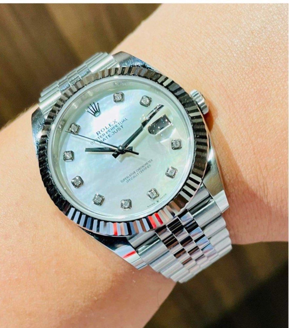 Rolex 2021 RARE Datejust 41 MOP (Category: Luxury Watches) located in Pasig City. Submitted by Watchaholics (Listing ID 1238098772, Image 3). Description: Rolex 2021 RARE Datejust 41 MOP -Ref 126334 -year model 2021 -RARE model -9.8/10 condition (almost new) -Complete Full Set For 965k You may DM or contact @ 09615077138 Thanks admin😉.