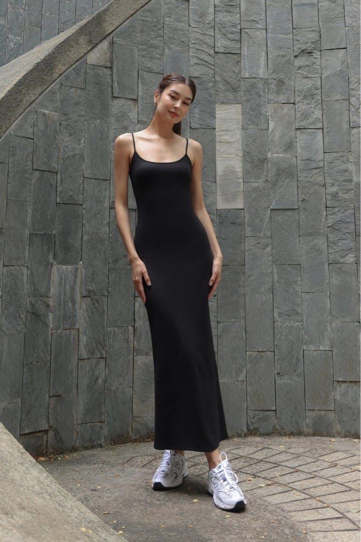 SECOND SKIN RIBBED CAMI MAXI DRESS (BLACK), Women's Fashion