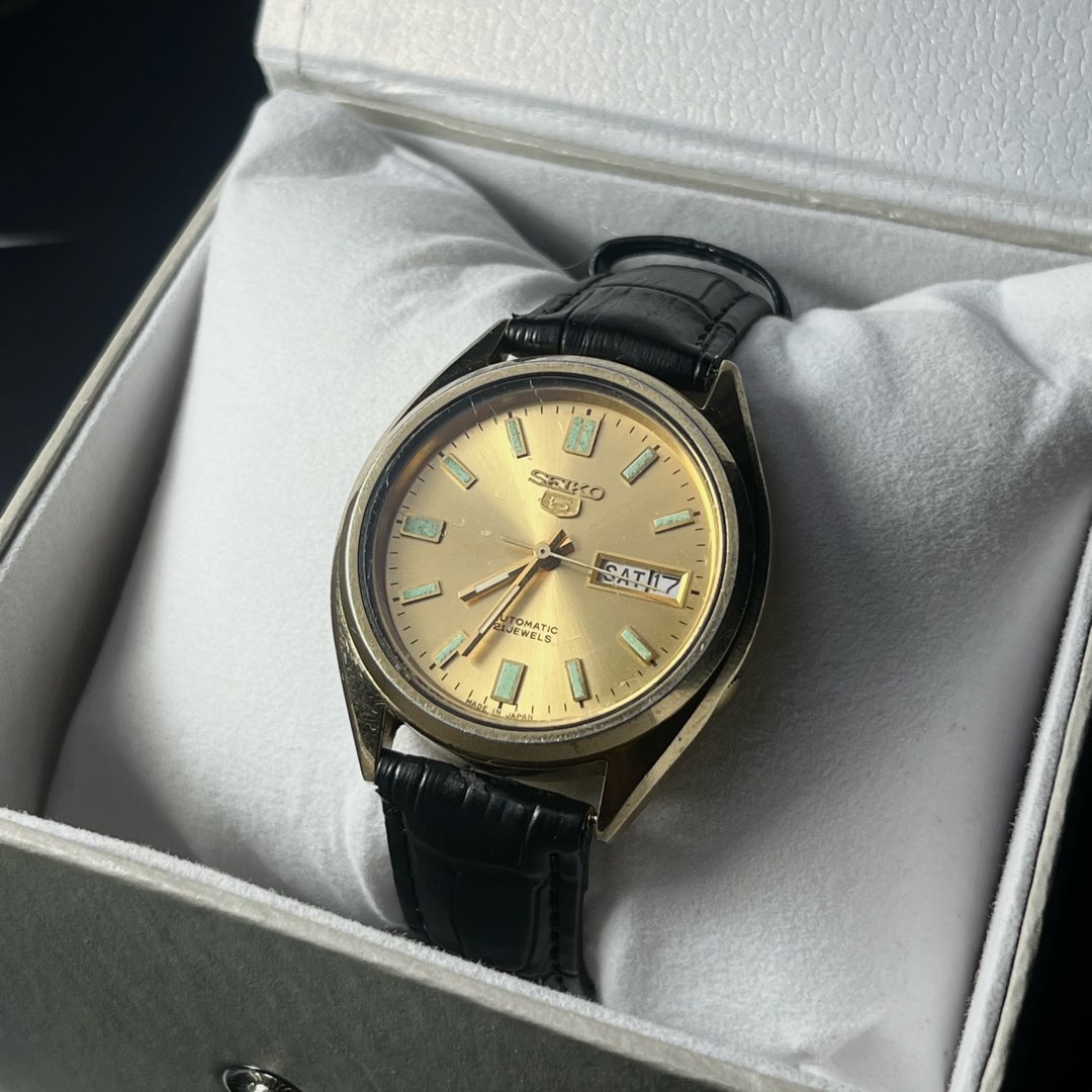 Seiko 5 Gold Face Leather Strap Men s Fashion Watches
