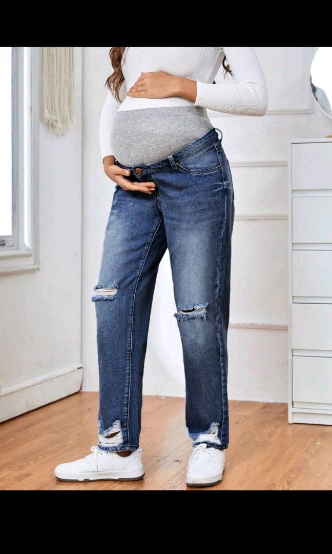 Shein Maternity Wideband Waist Ripped Frayed Straight Leg Jeans