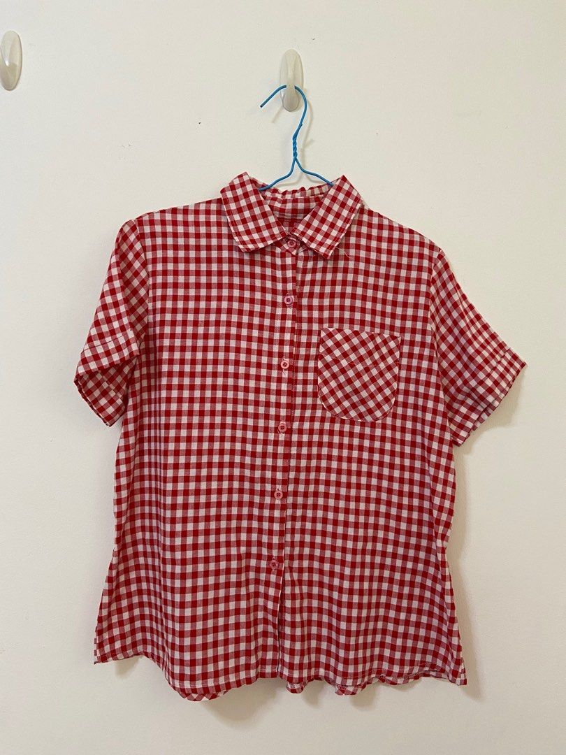 Red plaid short sleeve shirt shop