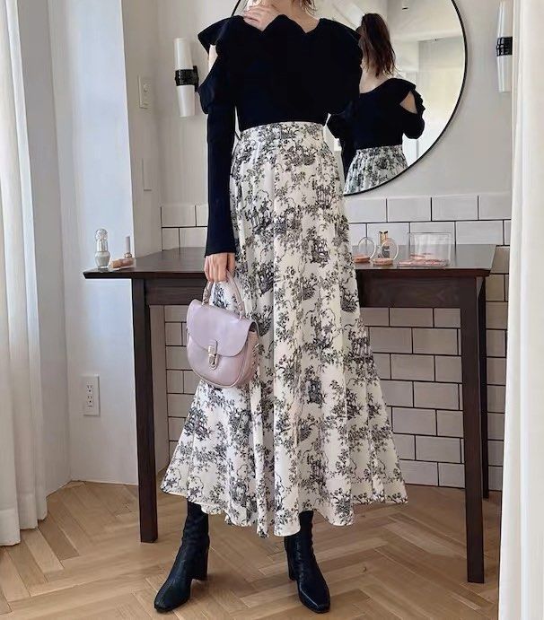 SNIDEL INGNI Japanese long skirt black blue white bottom dress from Japan floral