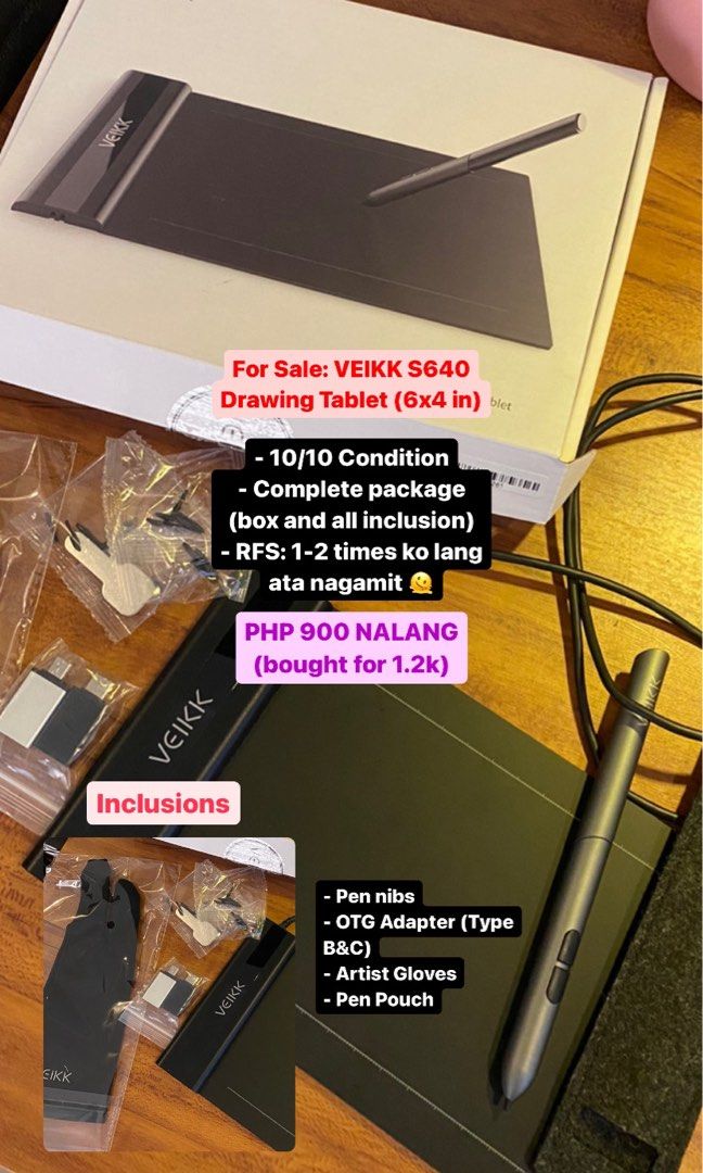 VEIKK S640 Drawing Tablet (Category: Others) located in Meycauayan. Submitted by cee_declutters (Listing ID 1238103003, Image 1). Description: COMPLETE PACKAGE (with original box and unused accessories) GOOD AS NEW Slightly negotiable.