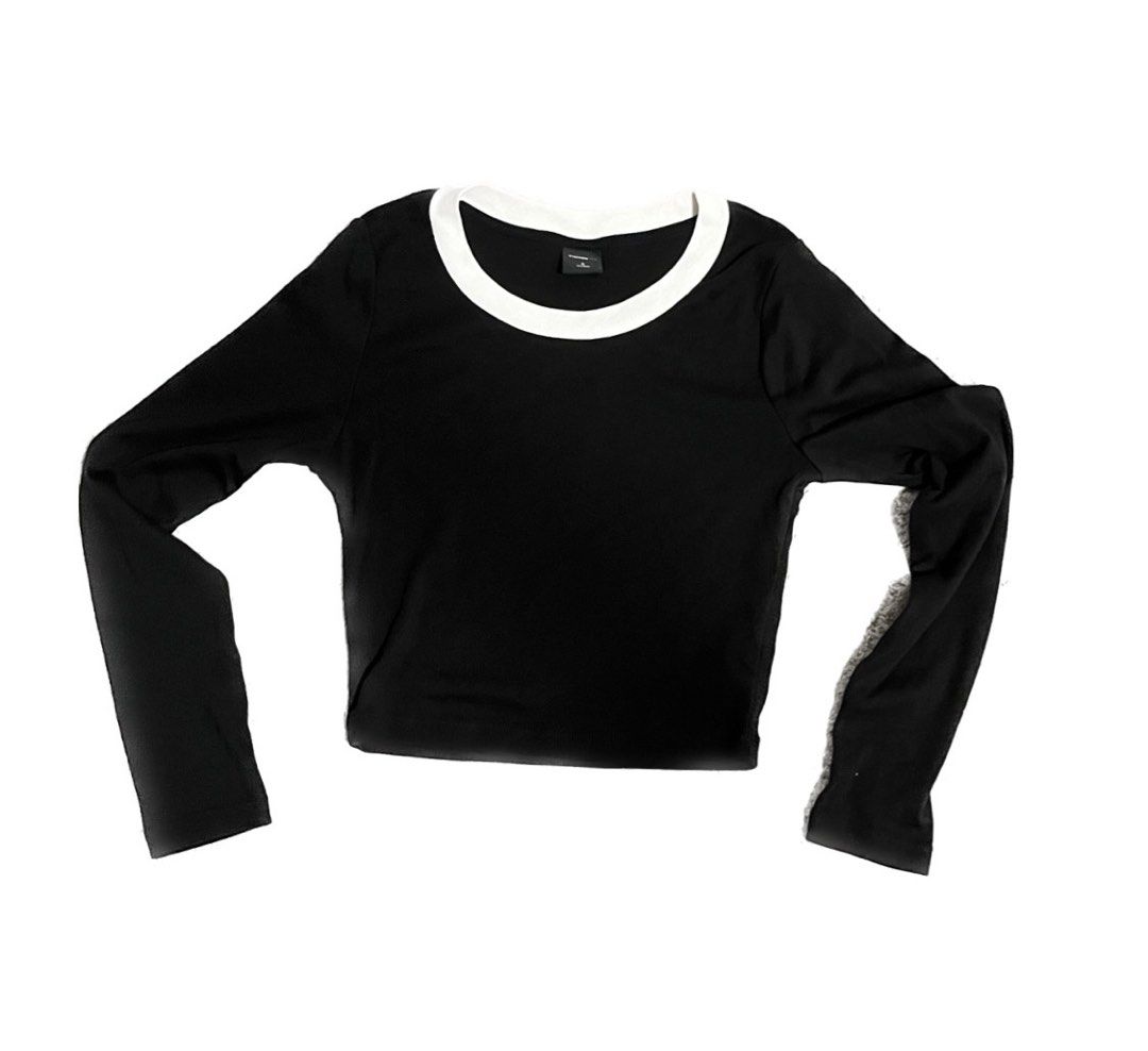 yishion long sleeve black and white crop top, Women's Fashion, Tops