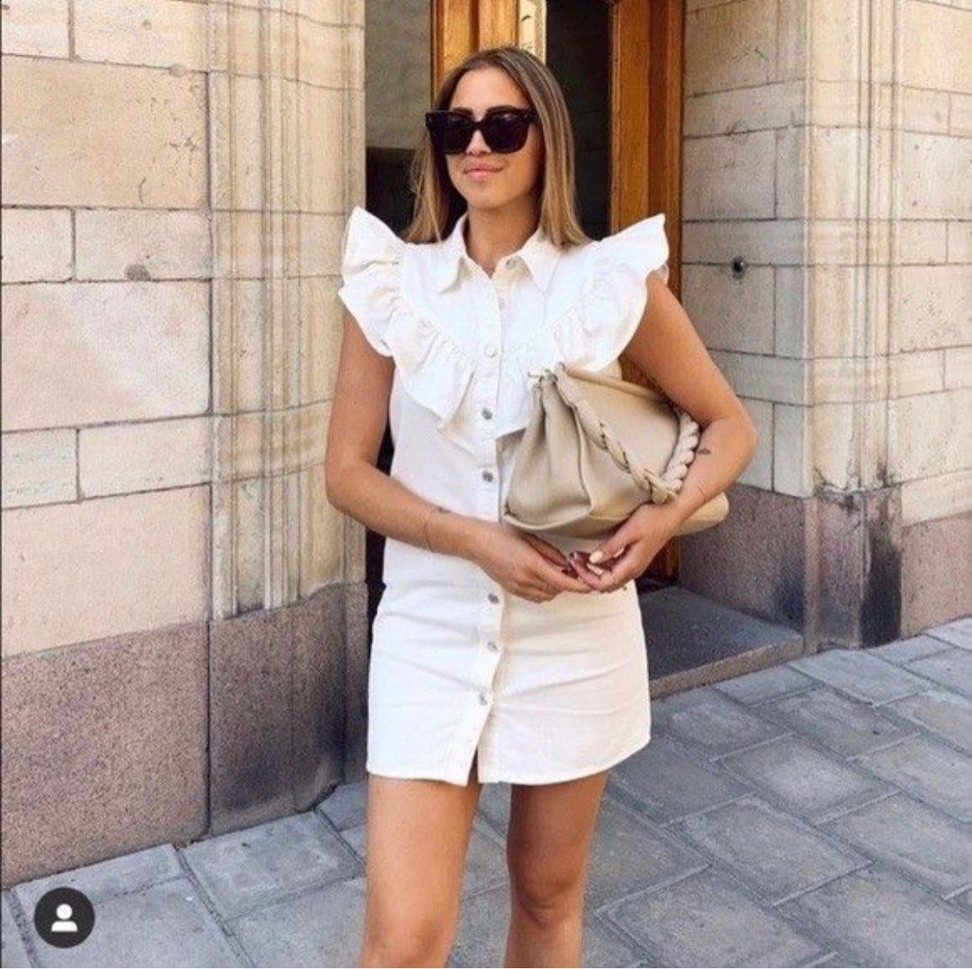 denim mini dress white HATCH The Kiley in Model is 5`8 And sizechart:HIGH NECK MIDI DRESS Fabric:Lawn Maternity Strapless Denim Midi