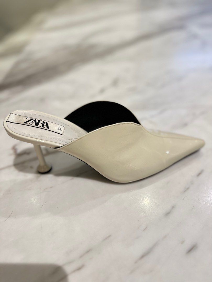Zara White Faux Leather Pointed Mules