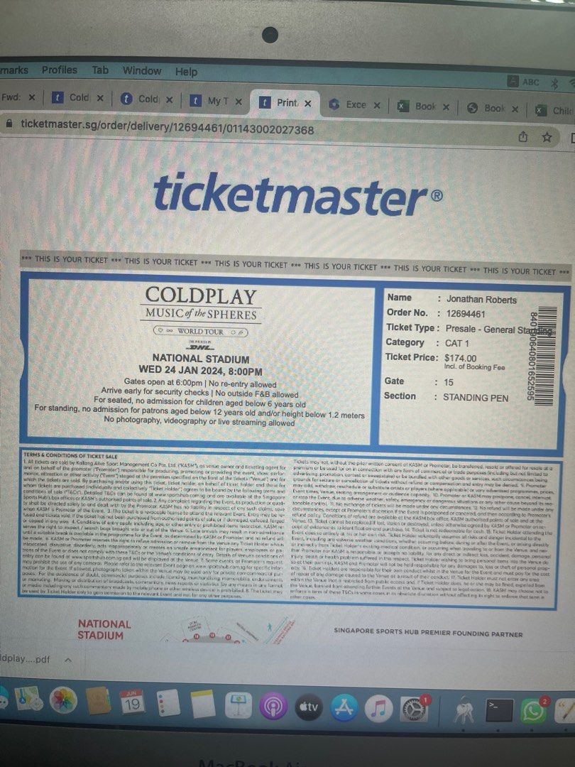 2024 COLDPLAY Standing tickets 24th Jan Wed 6 available, Tickets