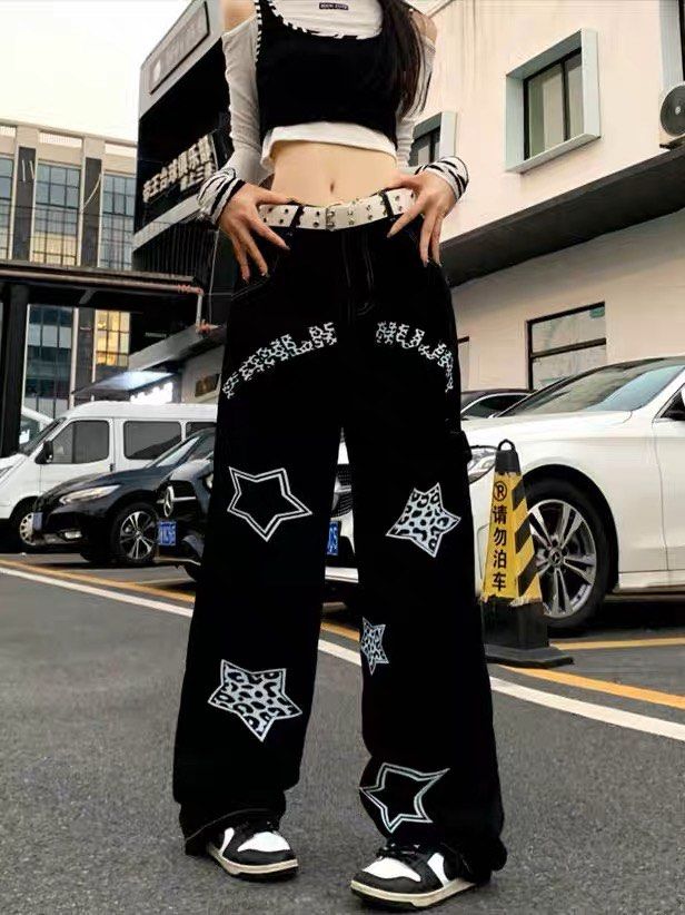 #2224 tumblr basic ulzzang star leopard print y2k embroidered vintage  ulzzang retro baggy oversized black jeans