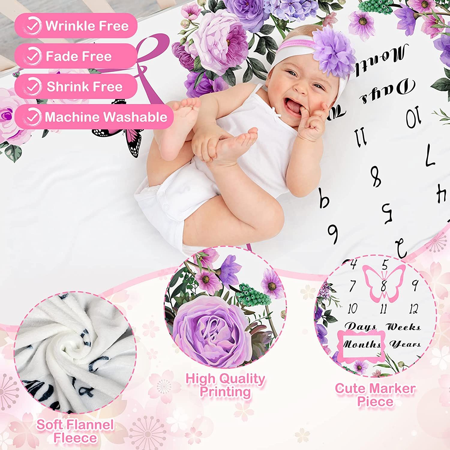 6 Pcs Monthly Baby Milestone Blanket for Baby Girls Boys Set Baby Age Blanket Baby Month Blanket Newborn Growth Chart Blanket with Bandana Frame Headband Whiteboard for Background Graceful Style Babie...