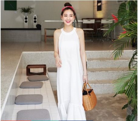 Classic basic sleeveless long dress maxi linen casual office