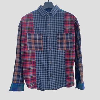 Cube Sugar Patched Plaid Cropped Flannel Heavy Material Longsleeve Polo