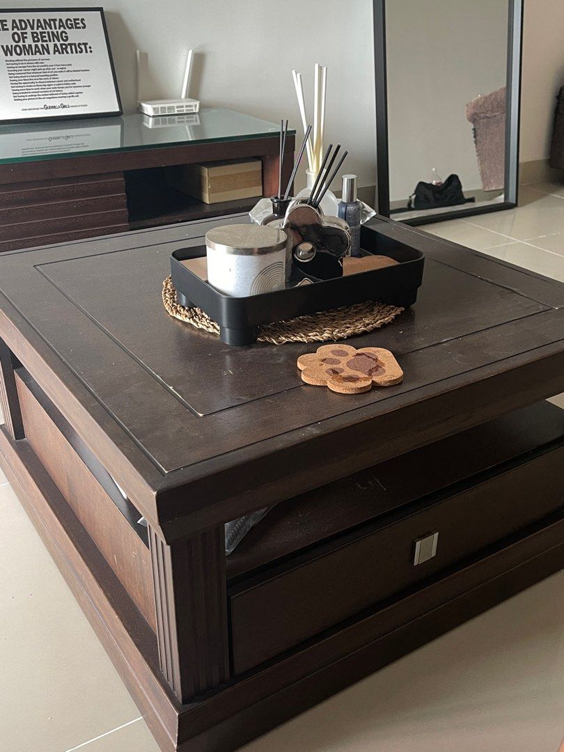 dark walnut coffee table with 2 drawers, Furniture & Home Living