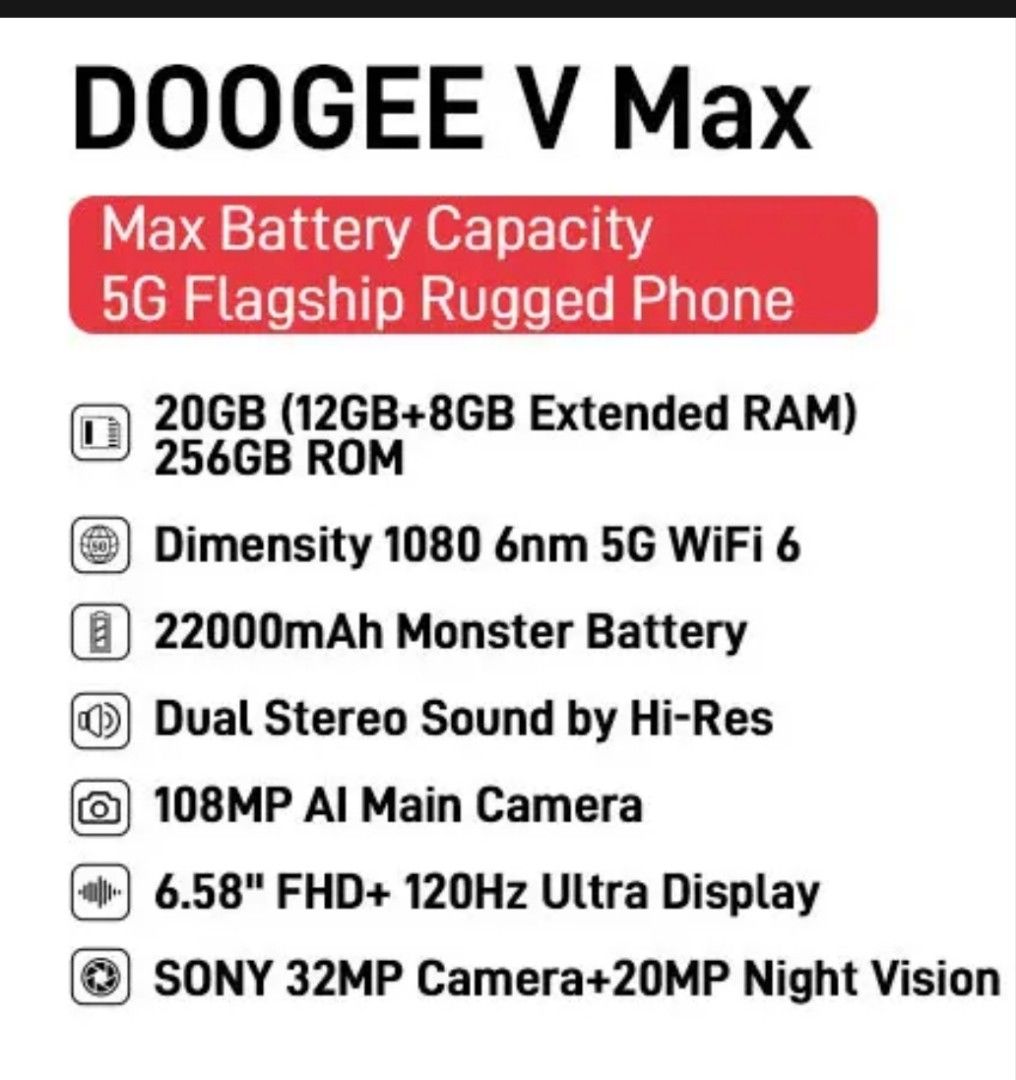 DOOGEE V Max 5G 6.58 120Hz Dimensity 1080 Hi-Res 108MP AI Main Camera Octa  Core