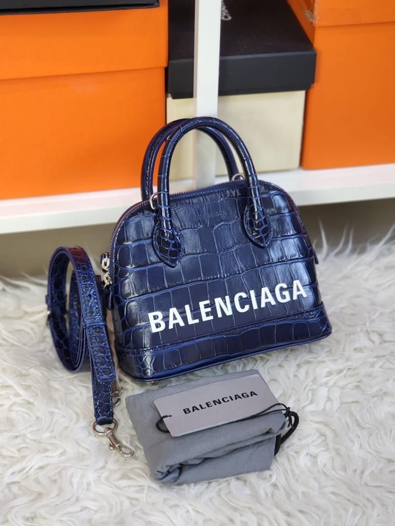 Fast Sale Preloved Balenciaga Ville XXS Navy Croco Embosed