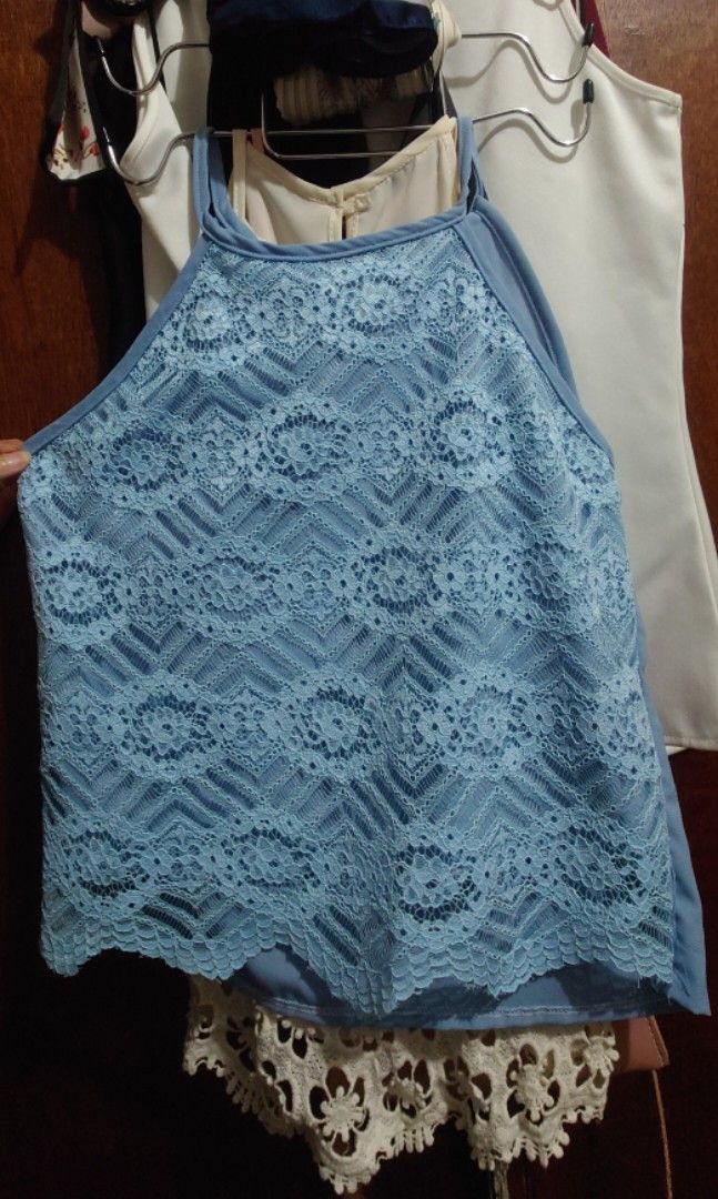 Light Blue Halter Top Sleeveless Lace (Category: Sleeveless) located in Malabon City. Submitted by shopbargainph (Listing ID 1238334295, Image 1). Description: Light Blue Lace Halter Top, P180 No Flaws, Good as New RFS decluttering.